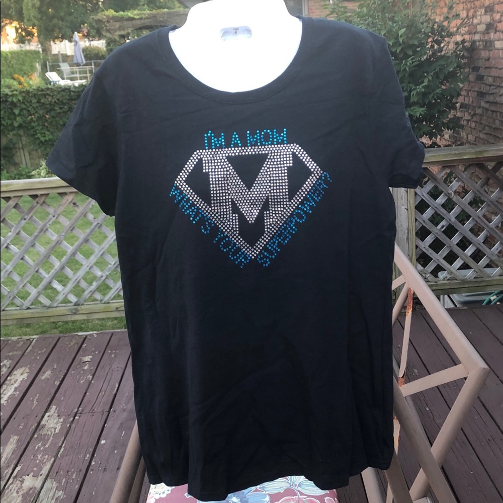 Black Gildan Ladies cut T with Rhinestone design